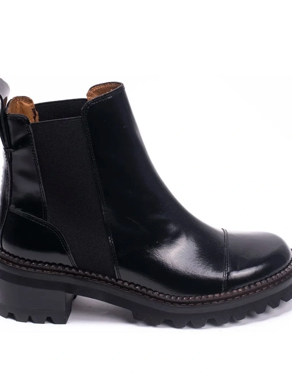See By Chloé Mallory Glossed Leather Chelsea Ankle Boots Black 38.5 - Picture 2 of 11